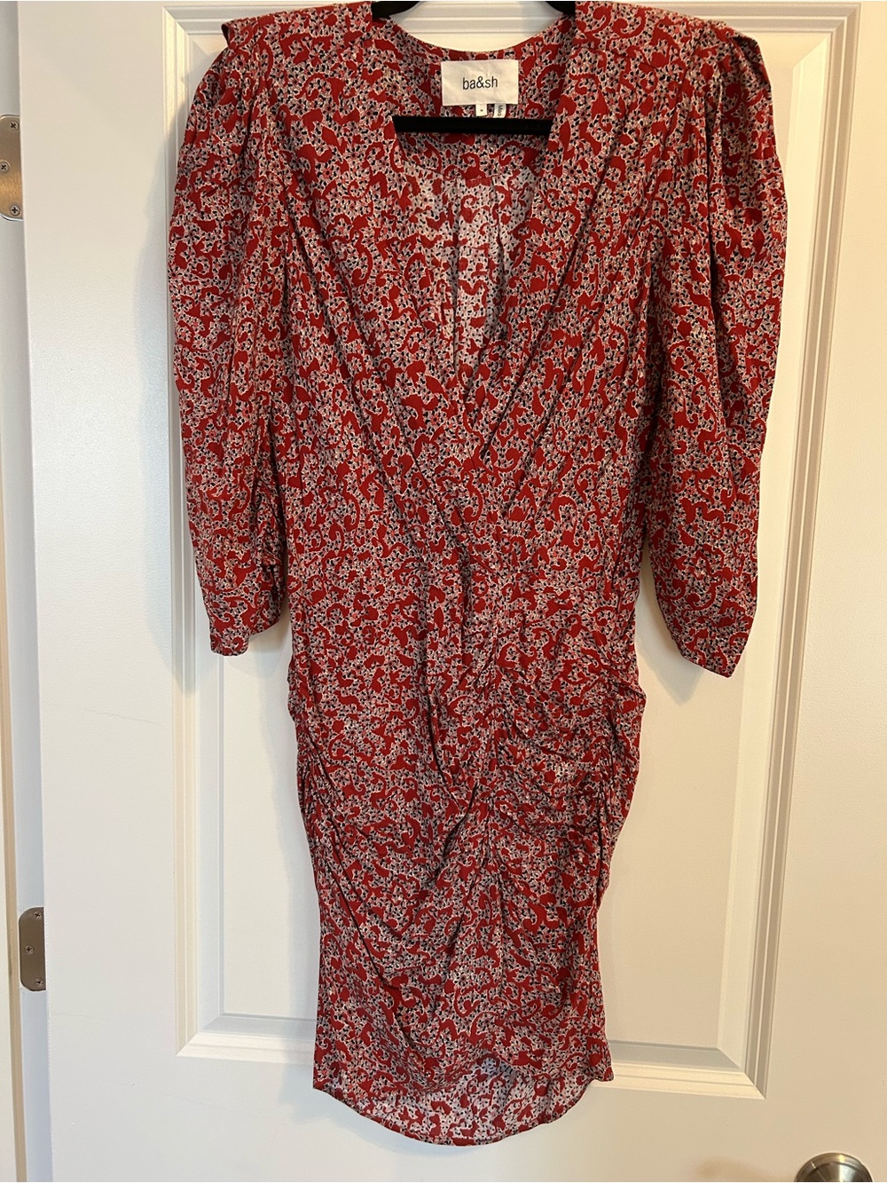 ba&sh Red and White Floral Midi Wrap Dress